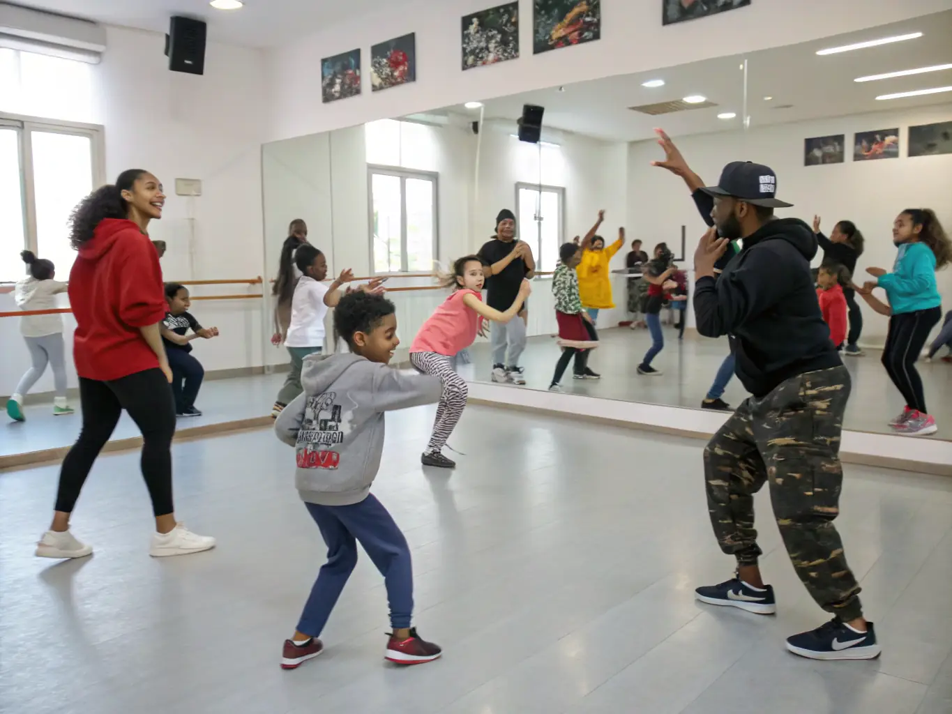 A vibrant image of a dance workshop in progress, with participants of various ages and backgrounds laughing and moving together, showcasing the inclusive and joyful atmosphere of Dance et Confiance.