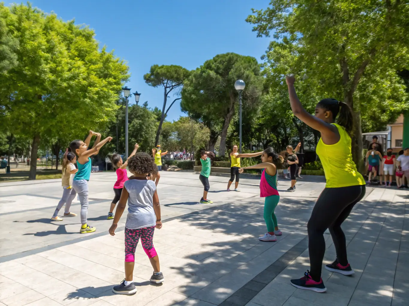A photo of a community outreach event where Dance et Confiance is providing a free dance class in a local park, emphasizing the organization's commitment to accessibility and community engagement.