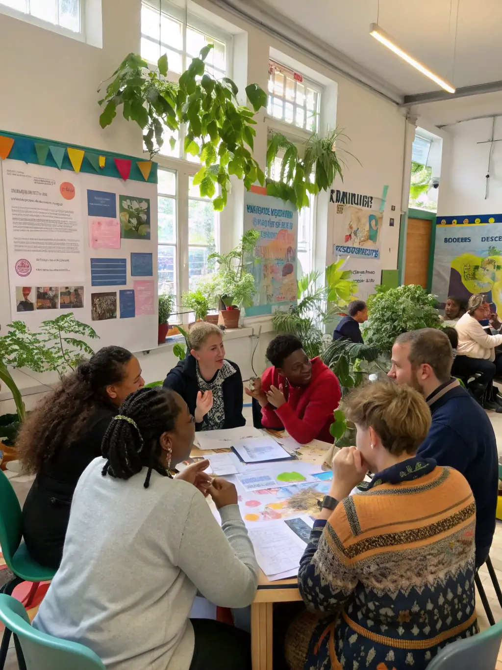 A diverse group of adults participating in a community workshop, actively learning and collaborating, reflecting LEO LAGRANGE ANIMATION's adult education initiatives.