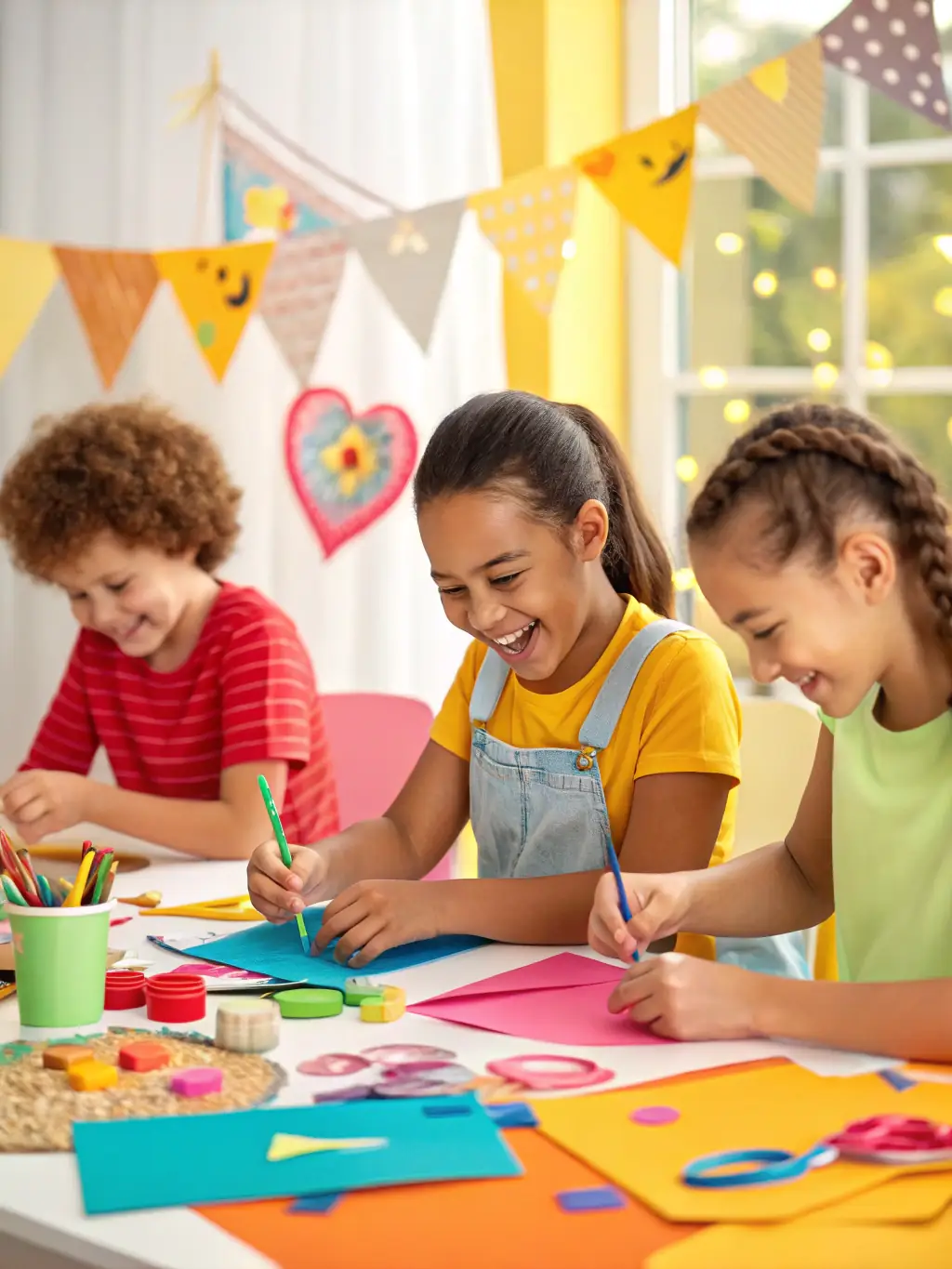 A vibrant photo of children participating in an arts and crafts session at a LEO LAGRANGE ANIMATION summer camp, showcasing creativity and fun.