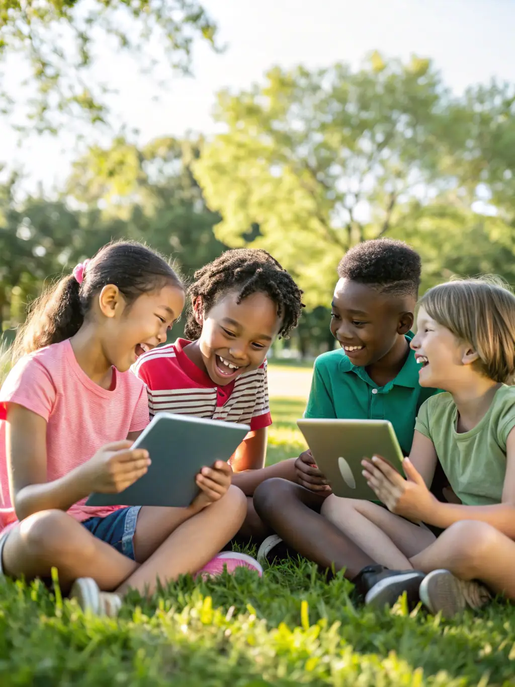 A group of diverse children participating in an outdoor educational activity, smiling and engaged, representing LEO LAGRANGE ANIMATION's commitment to youth education.