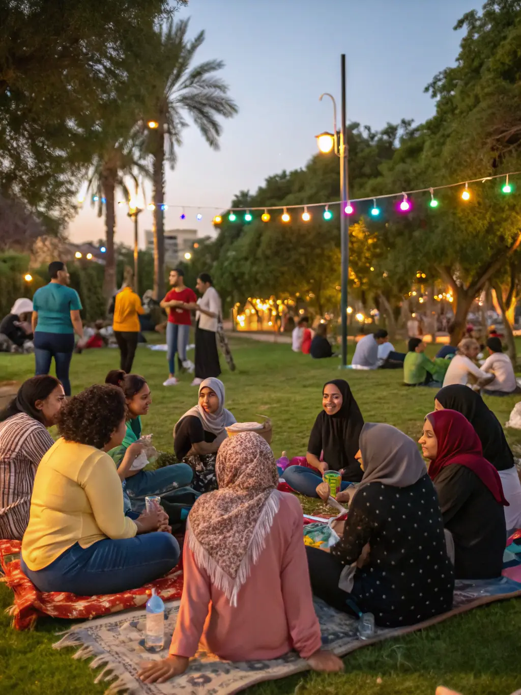 A scene of a community event organized by LEO LAGRANGE ANIMATION, showing people of different ages and backgrounds interacting and enjoying themselves.