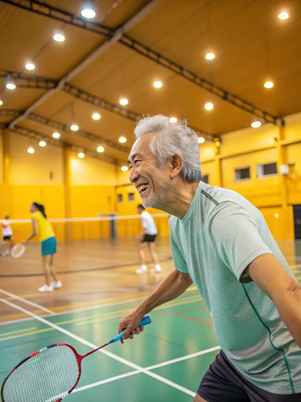 Recreational badminton players enjoying a friendly match at Andrézieux-Bouthéon Badminton Club, emphasizing fun and social interaction.