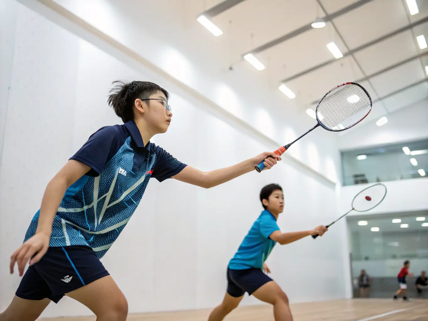 A vibrant image of badminton players engaged in a friendly match at the Andrézieux-Bouthéon Badminton Club, showcasing the recreational aspect of the sport.