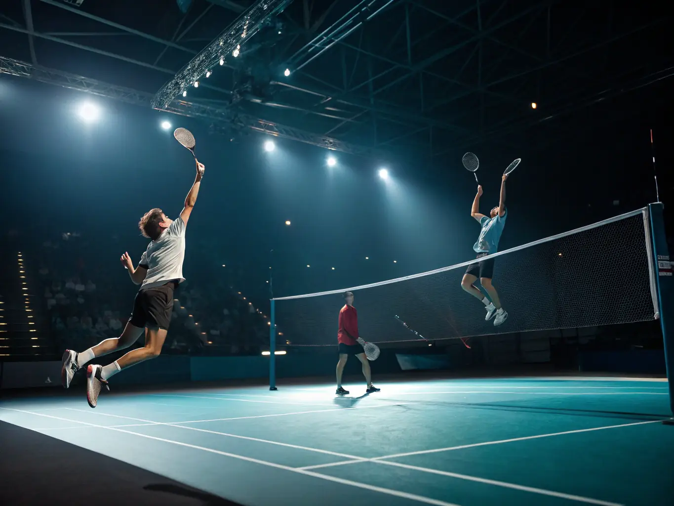 A vibrant image of players engaged in a competitive badminton match in the club's gymnasium, showcasing the intensity and excitement of competitive play.