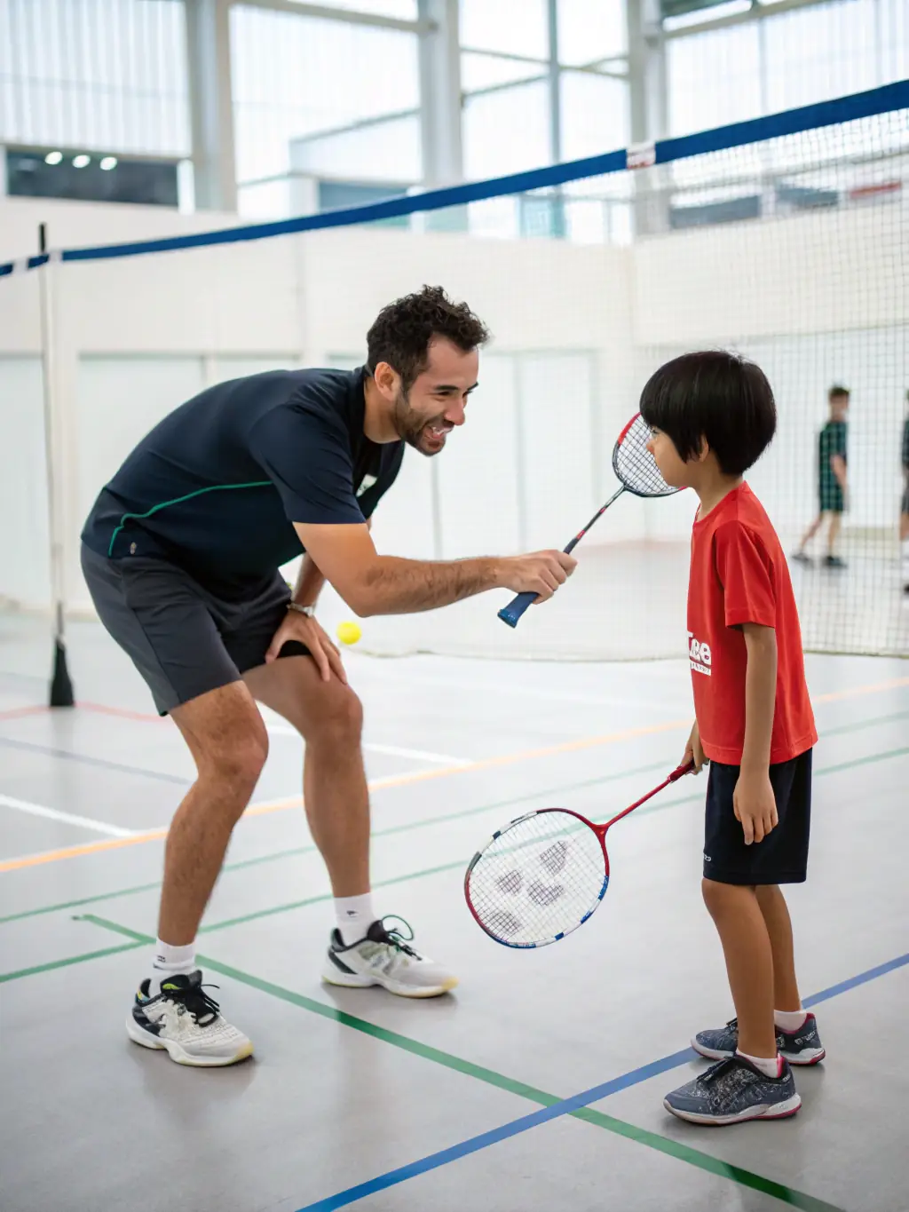 A badminton coach providing personalized instruction to a competitive player at Andrézieux-Bouthéon Badminton Club, focusing on advanced techniques.