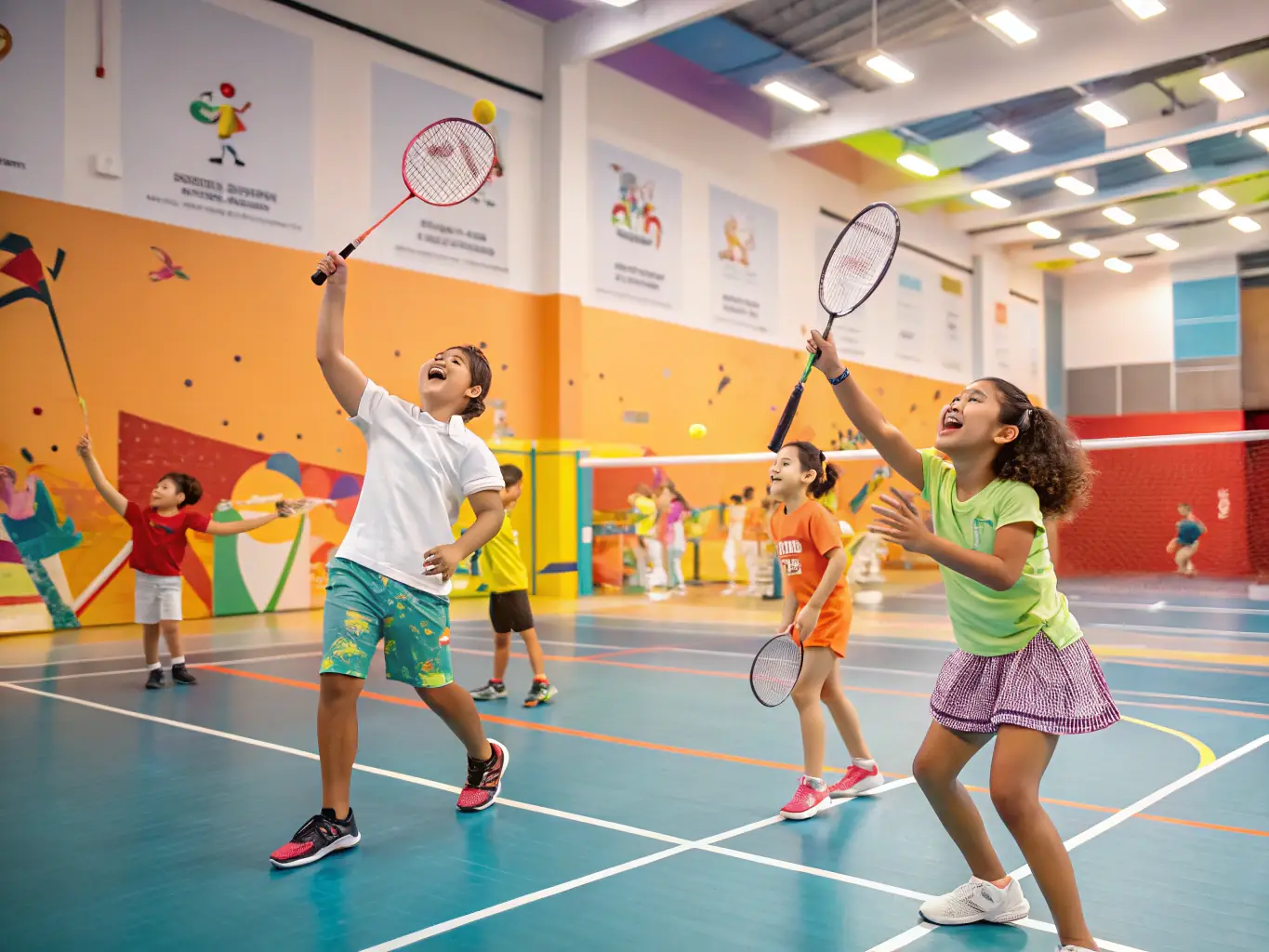 A group of young players practicing badminton under the guidance of a coach in a bright, welcoming gym, emphasizing the fun and supportive atmosphere of the junior program.