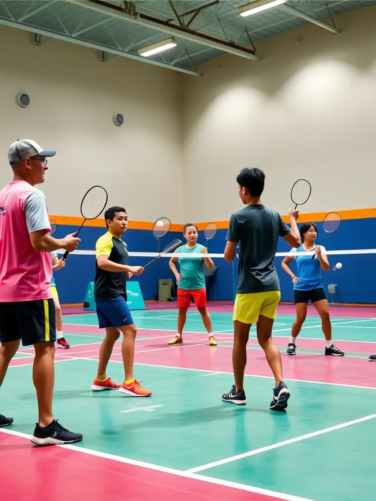 A group of junior badminton players practicing drills on the court at Andrézieux-Bouthéon Badminton Club, focusing on footwork and racket skills.