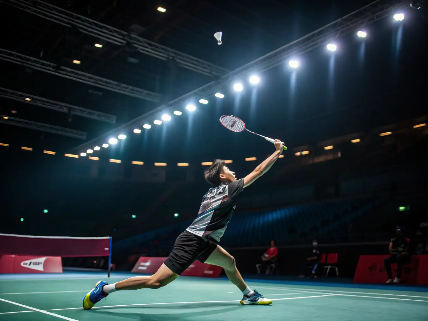 A dynamic image of badminton athletes competing in a tournament at the Andrézieux-Bouthéon Badminton Club, highlighting the competitive spirit and skill involved.